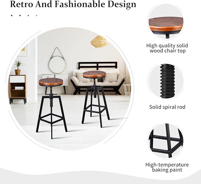 Set of 2 Industrial Vintage Kitchen Bar Stools Counter Height 25.6-31.5-inch - Image 6