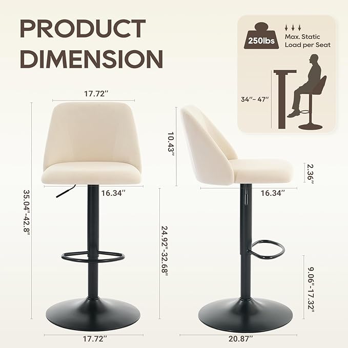COLAMY Bar Stools Set of 1, Modern Swivel Bar Chairs, Adjustable Upholstered - Image 2