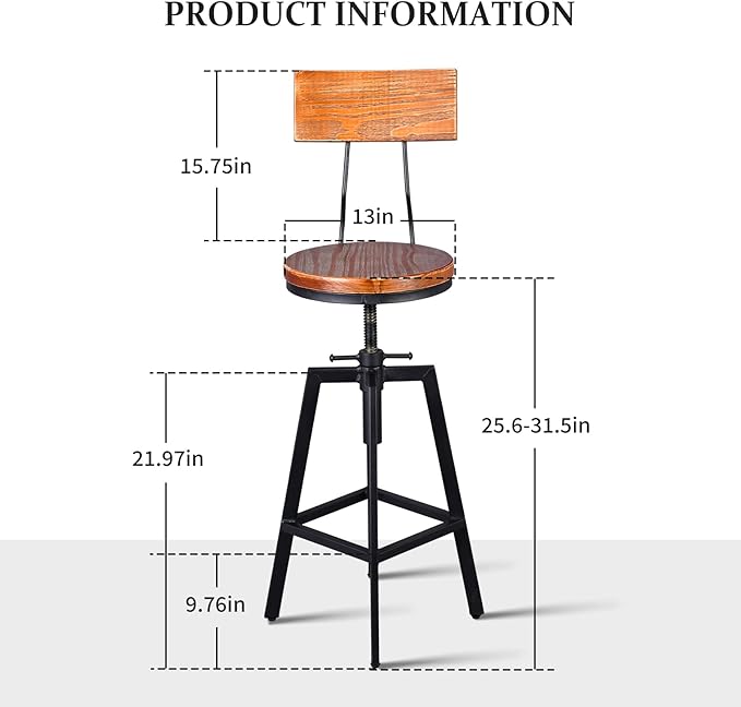 Industrial Bar Stools with Wood Backrest 25-32inch Height Adjustable Kitchen - Image 2