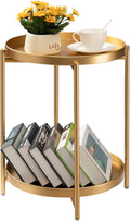 TeoKJ 2 Tier Round Side Table, Folding Metal Small Bedside Nightstand for by TeoKJ