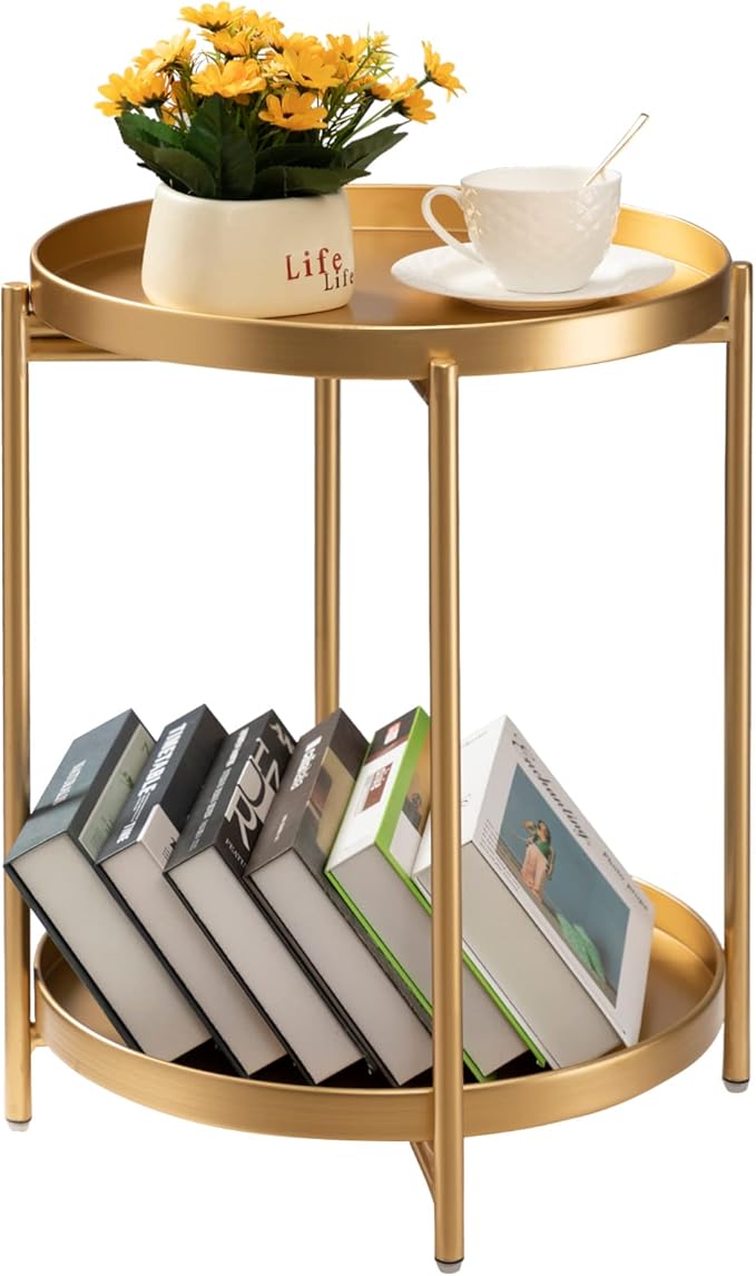 TeoKJ 2 Tier Round Side Table, Folding Metal Small Bedside Nightstand for by TeoKJ