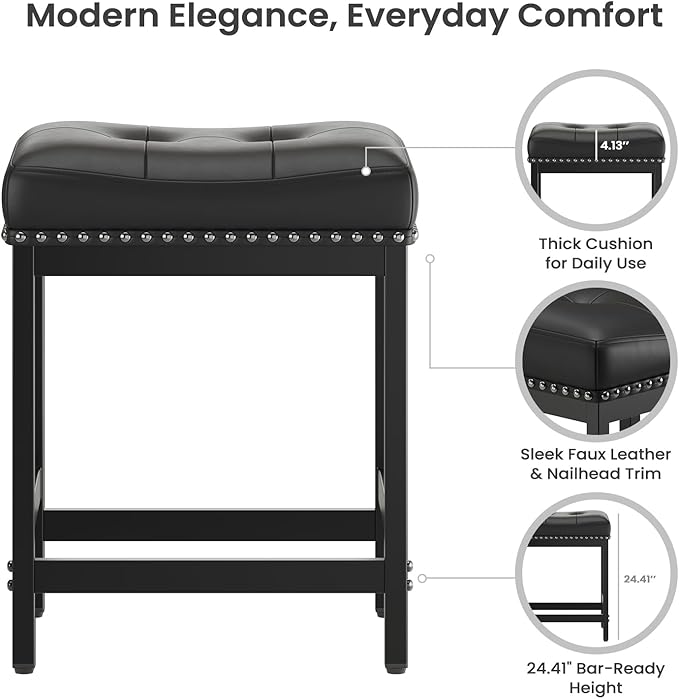 MALOL Set of 3 Saddle Bar Stools Counter Height 24.4”, Modern PU Leather - Image 4