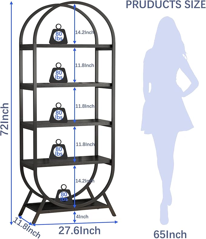 Bookshelf Arched Bookcase, Industrial 5 Tier Open Book Shelves - Image 2