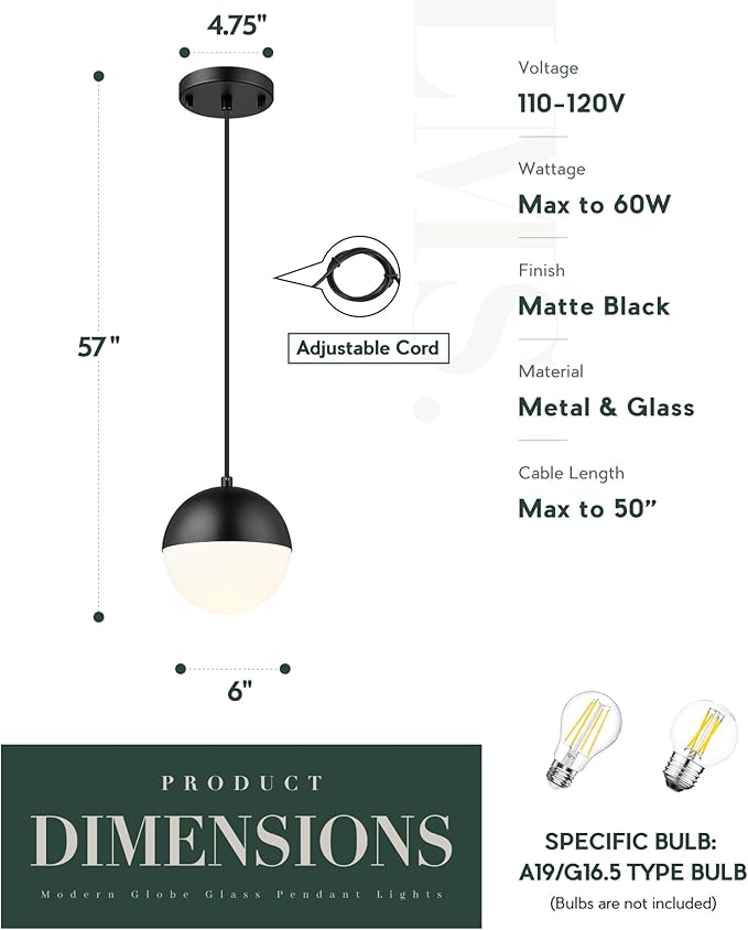 LMS Mid Century Pendant Lights, Matte Black Kitchen Island Light Fixtures - Image 3