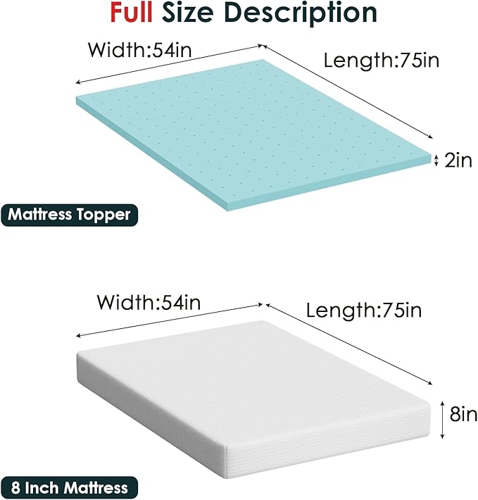 FDW | 8" Full Mattress + 2" Cooling Mattress Topper | Gel Memory Foam | Medium - Image 2