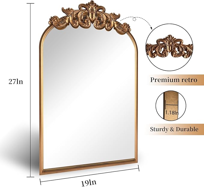 WAMIRRO Ornate Gold Mirror, Vintage Arched Baroque Antique Mirorrs - Image 2