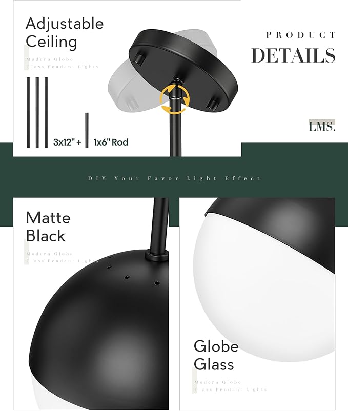 LMS 8-inch Black Pendant Lights Kitchen Island, Modern Globe Pendant Light - Image 3