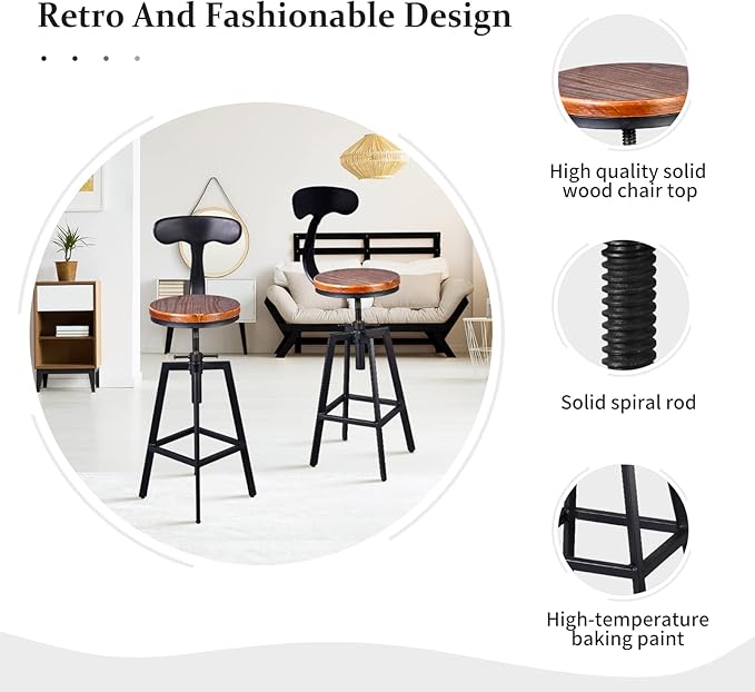 Diwhy Industrial Bar Stools, Kitchen Dining Chair, Wood Top Stool, Adjustable - Image 3