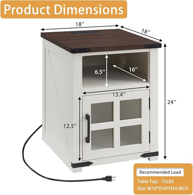 Farmhouse Nightstand with Charging Station, Rustic End Table with Tempered - Image 3
