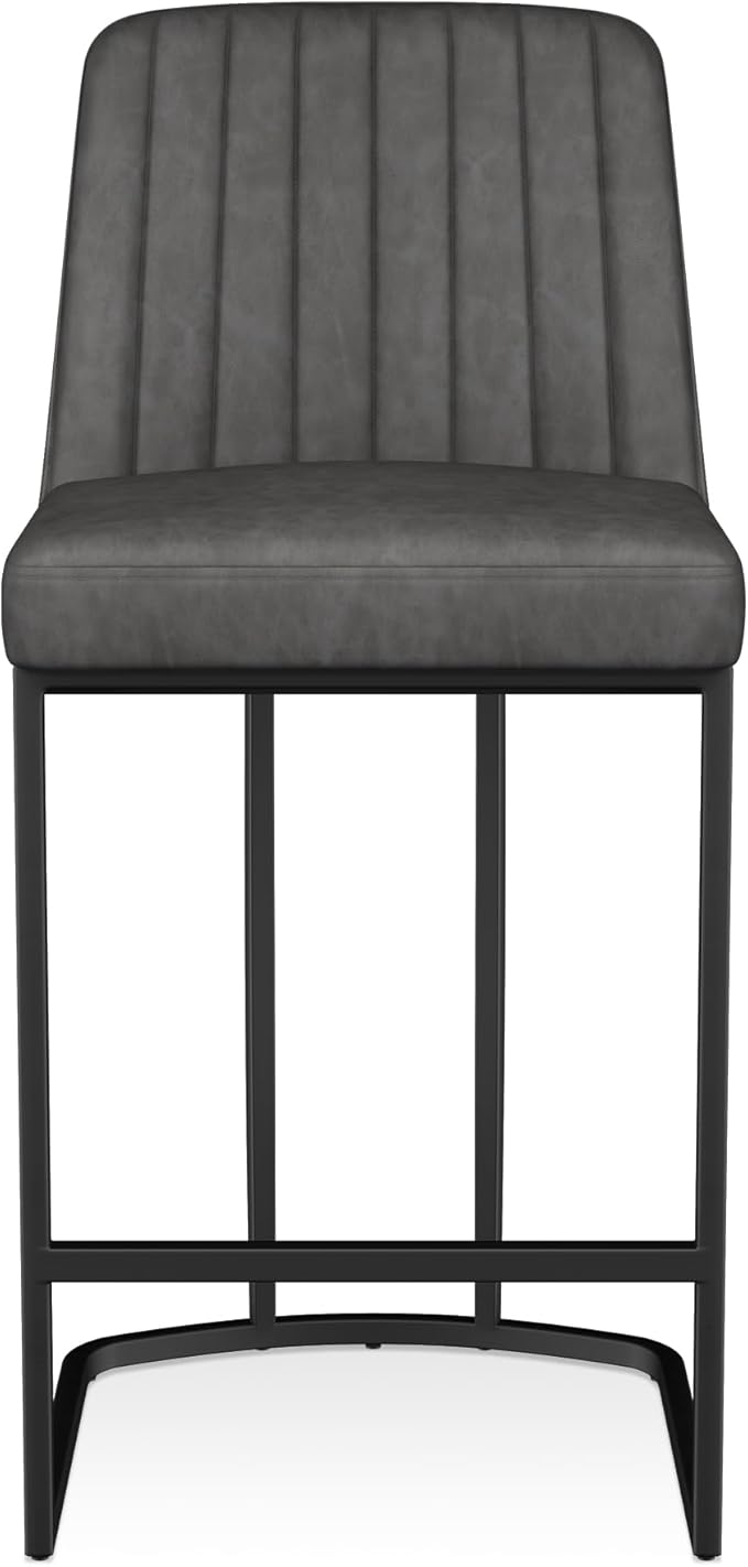 Counter Height Bar Stools Set of 2, Upholstered Leather Barrel Barstools - Image 5