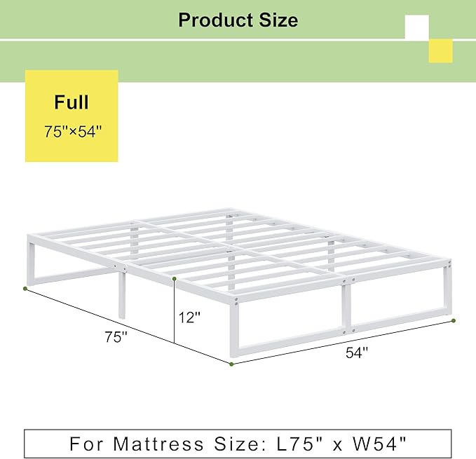 EMODA 12 Inch Full Size Bed Frame, Metal Platform White Bed Frame Full No Box - Image 2