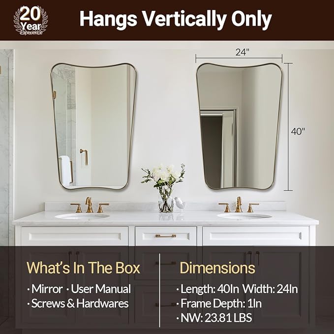 ANDY STAR 24x40 Inch Mirror, Brushed Gold Bathroom Mirror - Image 2