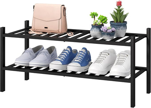 2-Tier Black Bamboo Shoe Rack for Entryway, Stackable | Foldable | Natural by VIEWCARE