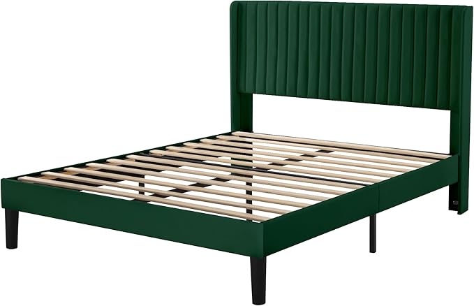 Allewie Queen Size Bed Frame/Velvet Upholstered Platform Bed/Vertical Channel - Image 8