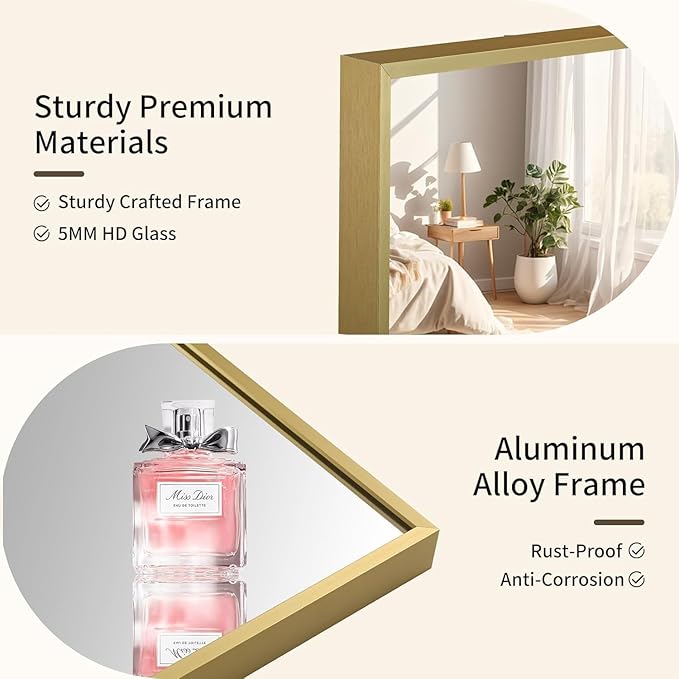 Brushed Gold Mirror, 16x20 Inch Aluminum Framed Rectangle Mirror, Tempered Glass - Image 3