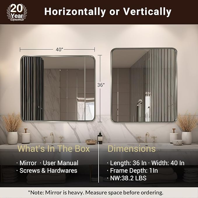 ANDY STAR 40x36 Inch Brushed Nickel Bathroom Mirror, Rounded Rectangle Bathroom - Image 2