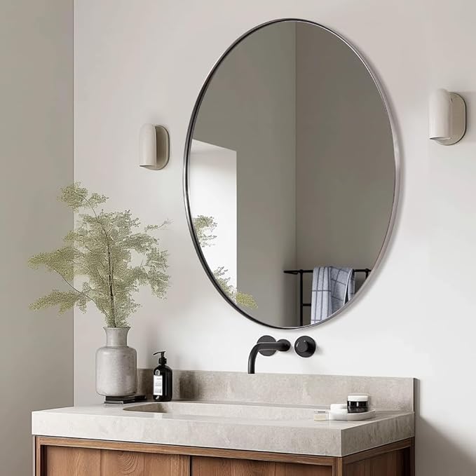 ANDY STAR Brushed Nickel Mirror Bathroom, 24x32 Inch Brushed Nickel Oval Mirror by ANDYSTAR