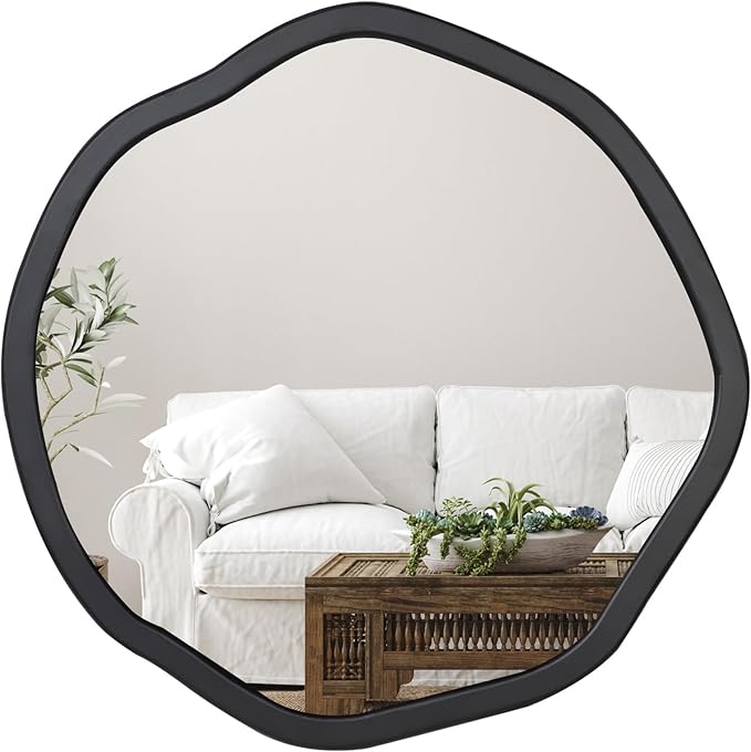 ULIKE Round Wood Mirror 24 Inch Circle Wall Mirror, Asymmetrical Bathroom - Image 9