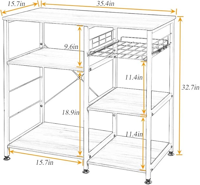 soges Kitchen Bakers Rack with 5 Hooks, Microwave Stand, Coffee Bar Station - Image 3