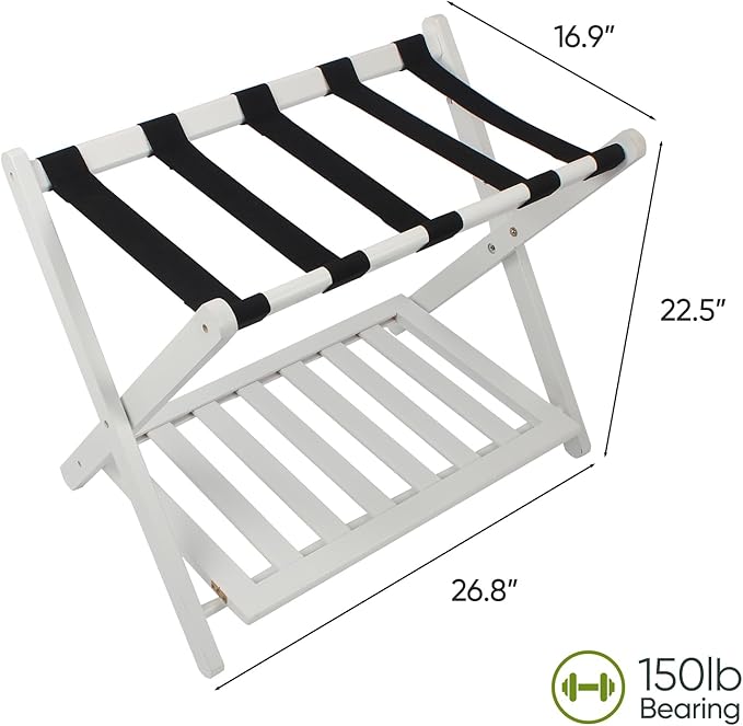 Fully Assembled White Bamboo Luggage Rack, 5 Straps Folding Suitcase Stand - Image 4