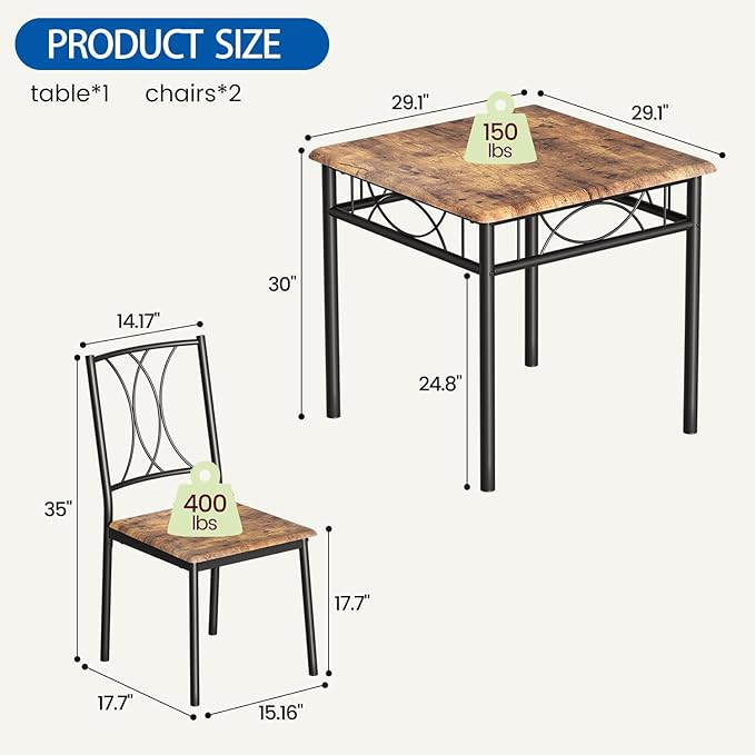 IDEALHOUSE Dining Table Set for 2, Kitchen Table and Chairs for 2, Rectangular - Image 2