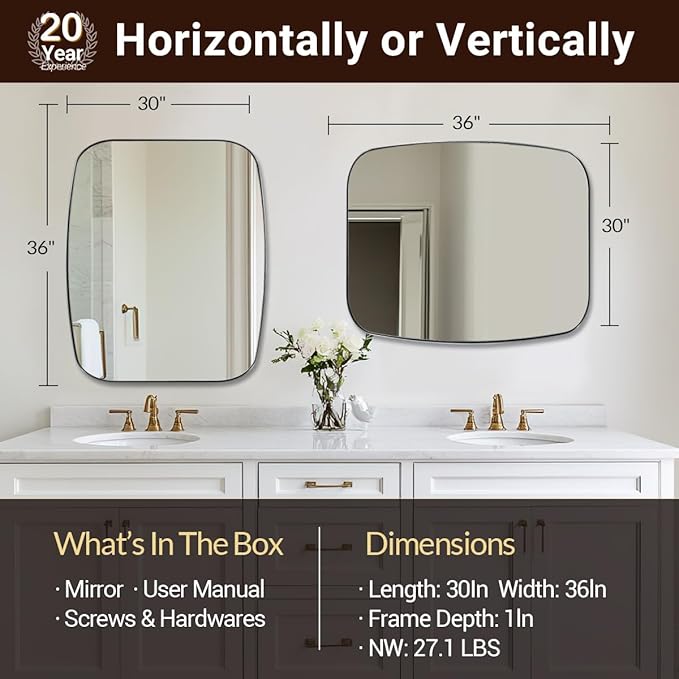 ANDY STAR Brushed Nickel Bathroom Mirror, 30x36’’ Oblong Mirror - Image 2