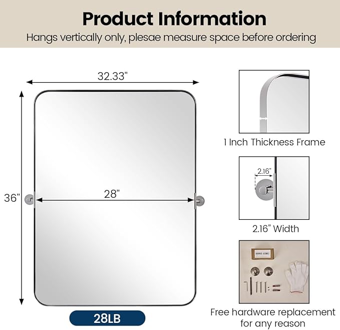 MOON MIRROR Chrome Pivot Rectangle Bathroom Mirror, Modern Tilt Rounded - Image 3
