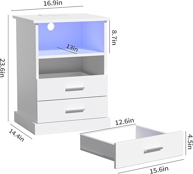 Nightstand with Charging Station, LED Lights Side Table with 3 Drawers - Image 2