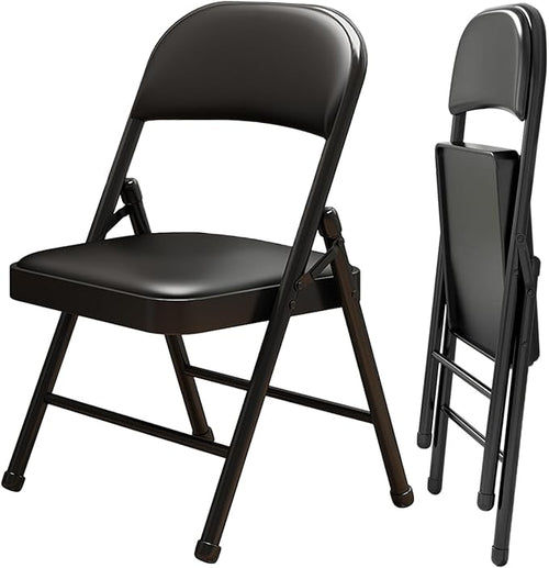2 Pack Folding Chairs with Leather Padded Cushion and Back, Metal Black by Unknown