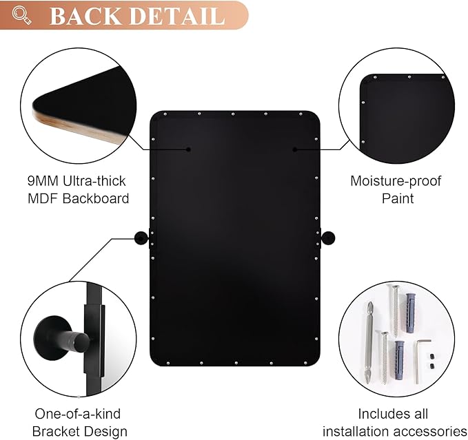 MOON MIRROR Matte Black Pivot Mirror Bathroom, Tilt Rounded Rectangular - Image 5