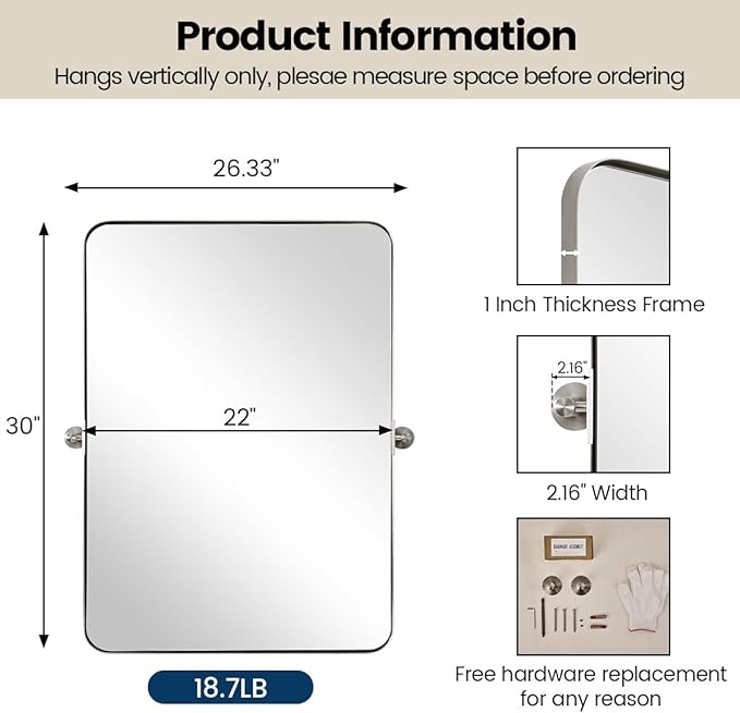 MOON MIRROR 22" x 30" Brushed Nickel Metal Framed Pivot Rectangle Bathroom - Image 3