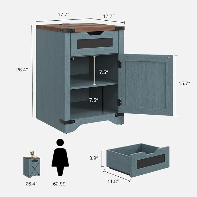 Farmhouse End Table with Charging Station, 26.4" Tall Rustic Nightstand with - Image 2