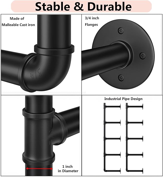 Industrial Pipe Shelf Brackets Wall Mount, Open Black Pipe Shelving - Image 5