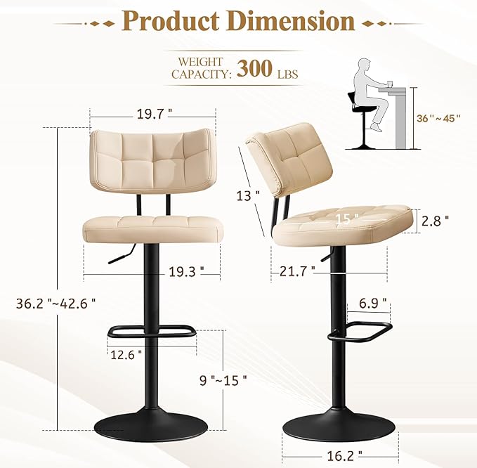 Furniliving Modern Bar Stools Set of 2 Faux Leather, Upholstered Swivel - Image 2