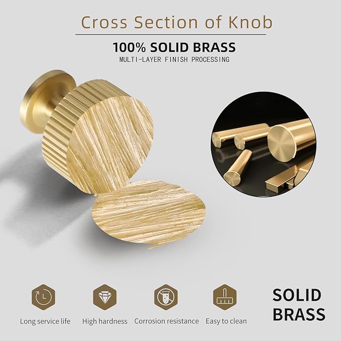 SALISENG- 5 Pack Solid Brass Kitchen Cabinet Knobs, Matt Gold Drawer Pulls - Image 3