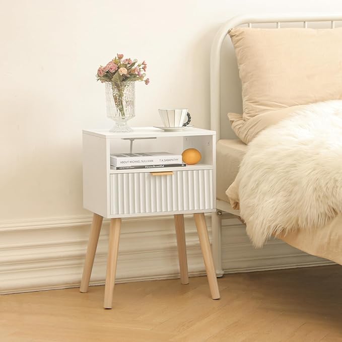 White Nightstand with Charging Station, Modern Bedside Table with Drawer and - Image 2