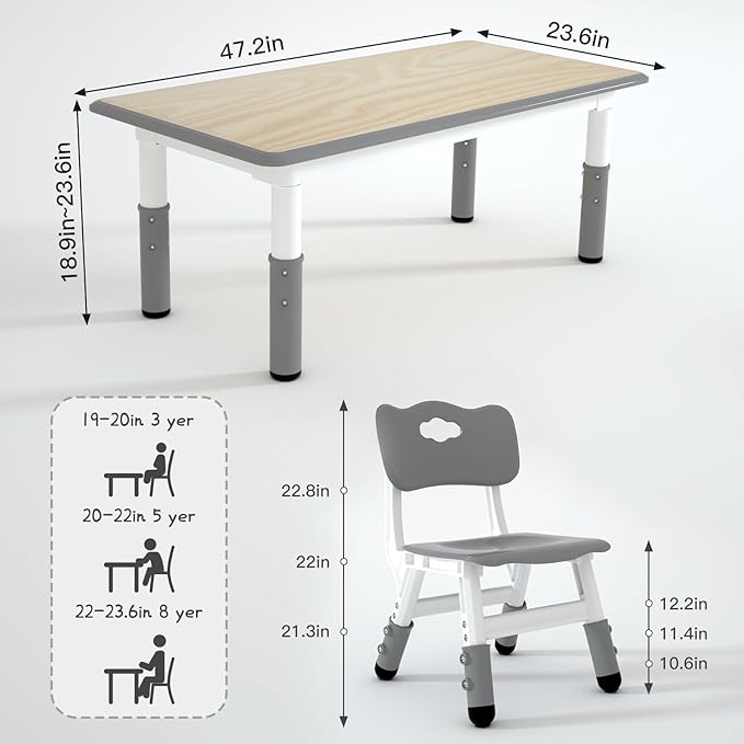 Kids Table and 6 Chairs Set，Height Adjustable Children Table & Chair，Toddlers - Image 2