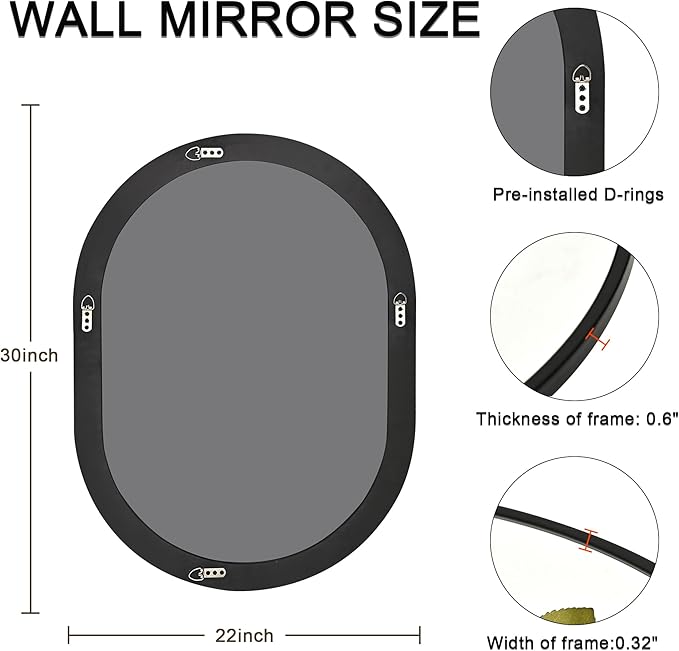 Oval Bathroom Mirror 22x30 Inch, Pill Shape Black Framed Wood Wall Mirrors - Image 4