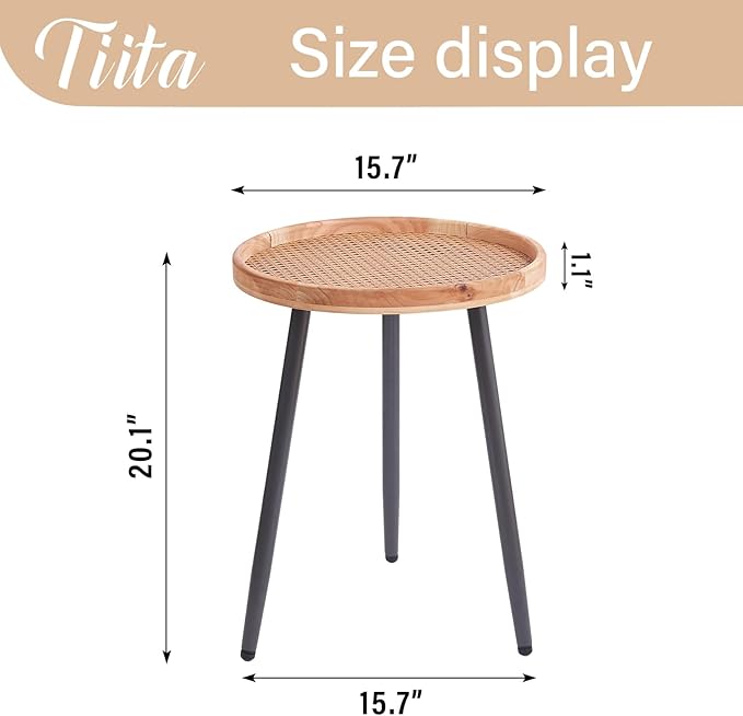 Tiita 2 Pack Rattan Round End Table Mental Side Table Nightstand/Small Wood - Image 3