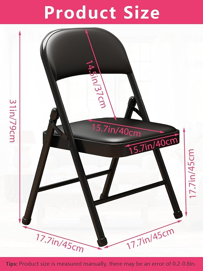 2 Pack Folding Chairs with Leather Padded Cushion and Back, Metal Black - Image 2