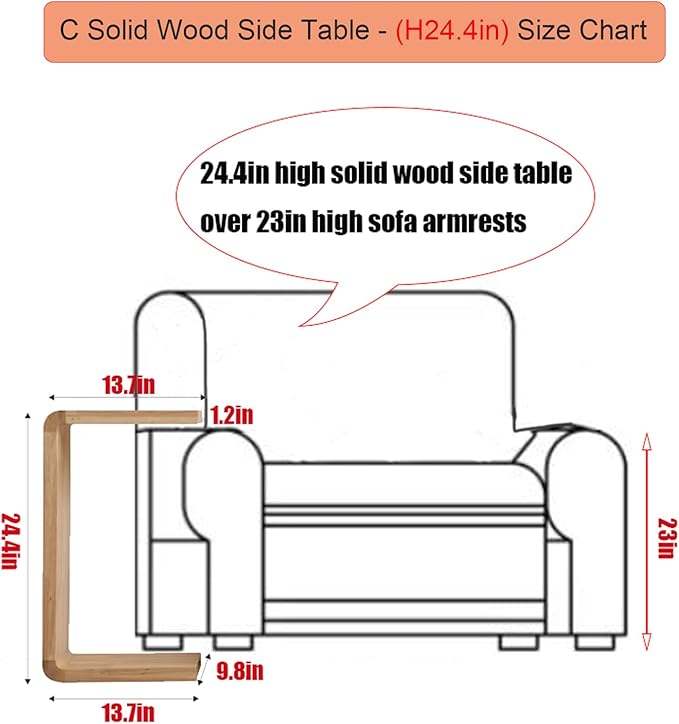 C Shaped End Table 24.4in High, Solid Wood C Side Table - Image 2