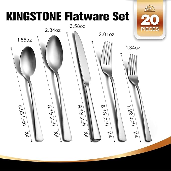 KINGSTONE 18/10 Stainless Steel Flatware, 20-Piece Forged Silverware Set - Image 2