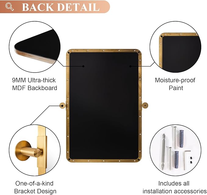 MOON MIRROR 20" x 28" Brushed Gold Metal Framed Pivot Rectangle Bathroom Mirror - Image 5