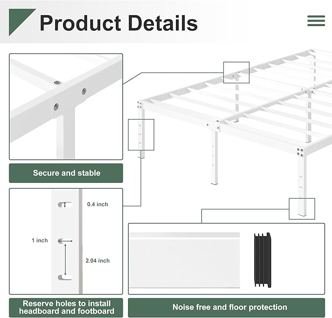 16 Inch White Full Size Bed Frame No Box Spring Need, Metal Platform Full Bed - Image 7