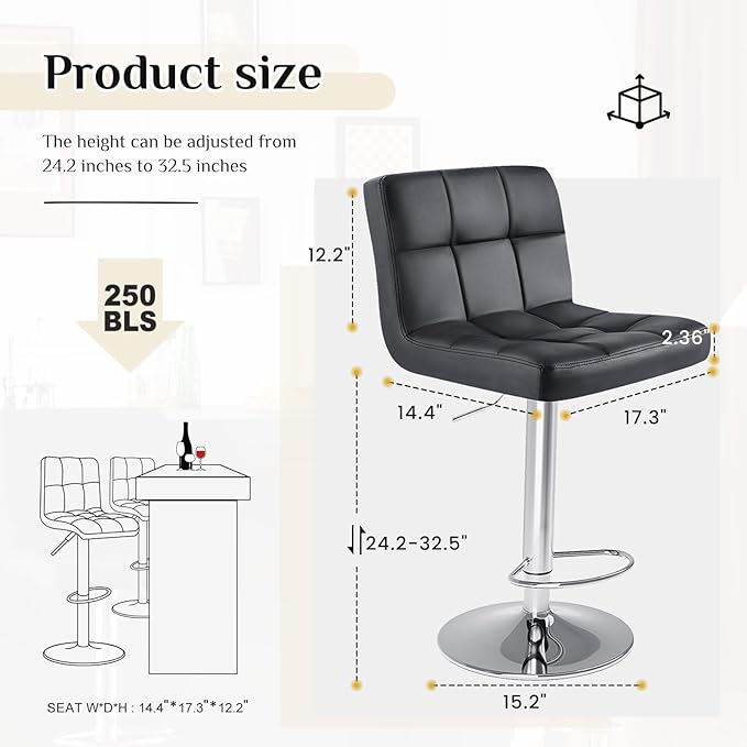 DUMOS Bar Stools Set of 4, 24 inch Counter Height Bar Stools, Upholstered - Image 3