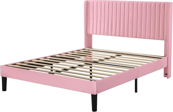 Allewie Full Size Velvet Bed Frame/Vertical Channel Tufted Wingback - Image 8