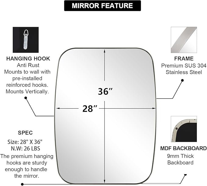 ANDY STAR Brushed Nickel Mirror, 28x36 Inch Stainless Steel Metal Frame Oblong - Image 4
