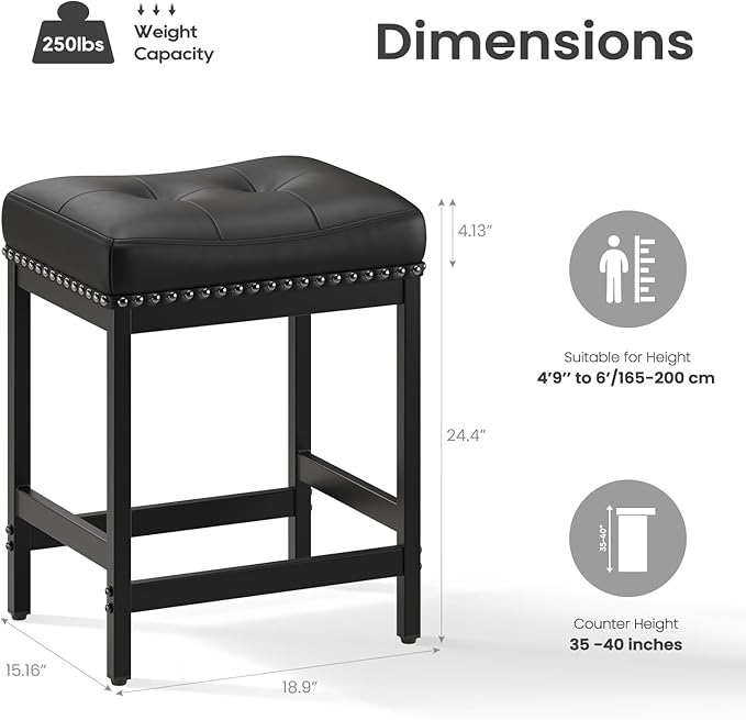 MALOL Set of 6 Saddle Bar Stools Counter Height 24.4”, Modern PU Leather - Image 2