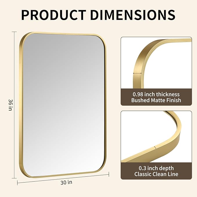 Gold Bathroom Mirror, 30x36 Inch Aluminum Frame Rectangle Mirror, Tempered Glass - Image 5