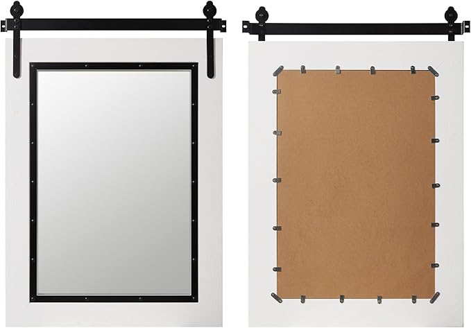 YOSHOOT Farmhouse Barn Door Mirror, Wood Frame Wall Mirror, Wooden Mirror - Image 4